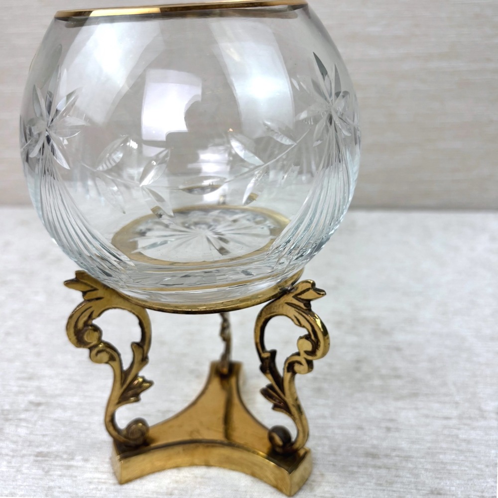 Crystal Clear Signatures Candle Holder Cut Crystal 22k Gold Band Solid Brass NIB